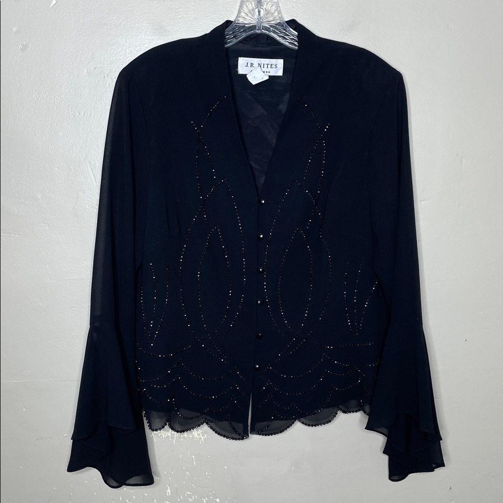 VINTAGE J R Nites Black Whimsigoth Beaded Sheer Sleeves Scalloped Hem Blazer 14